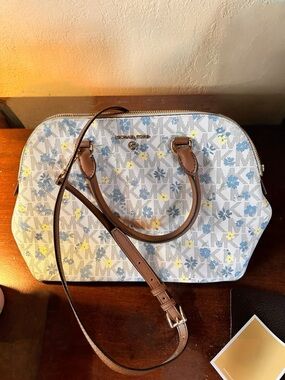 Michael Kors White Floral Logo Satchel with Brown leather and gold hardware new